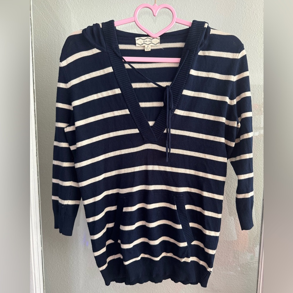 Navy and White Striped V-Neck Sweater